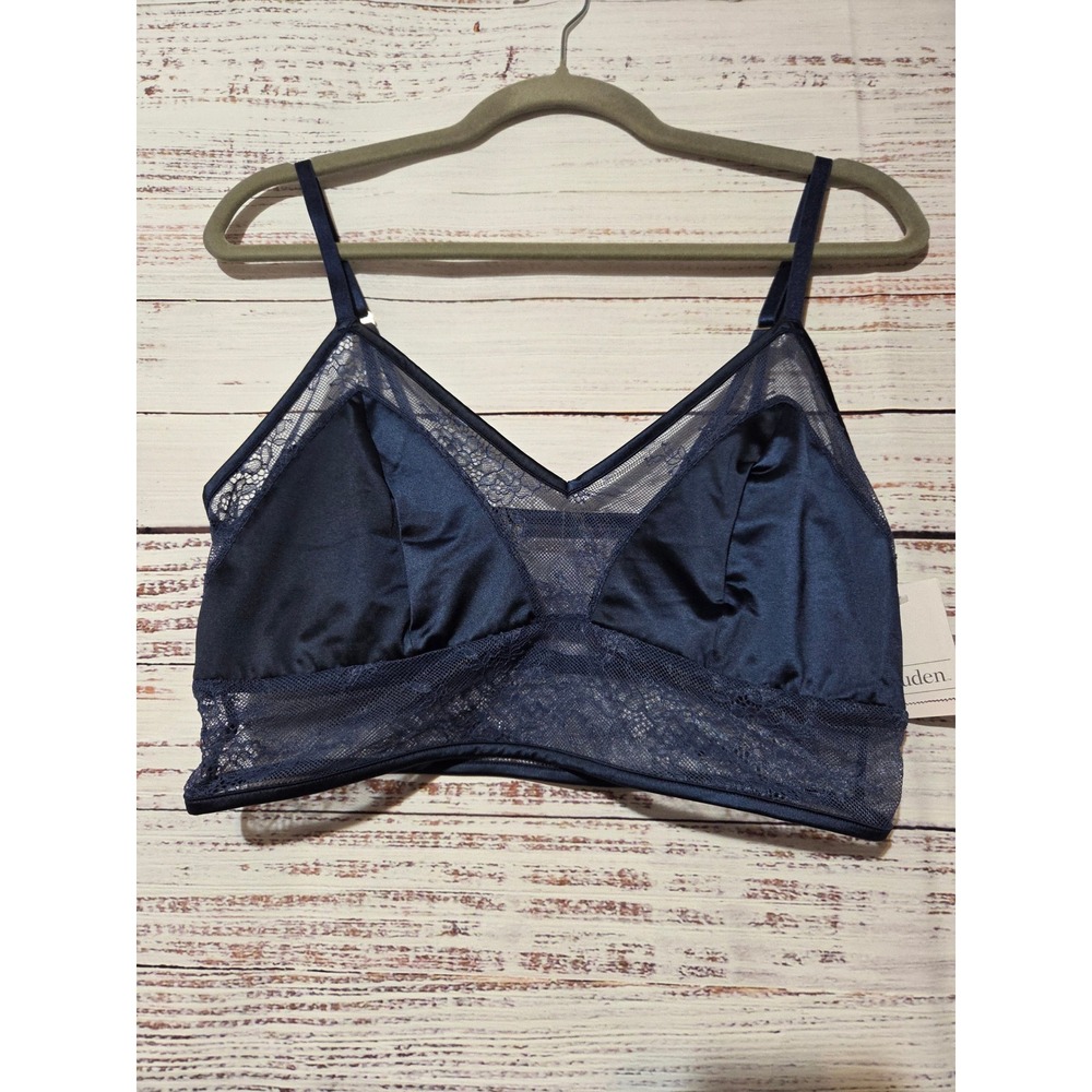 Auden Navy Blue Lace Unlined Bralette Satin Triangle Pullover Bra‎ Large NEW